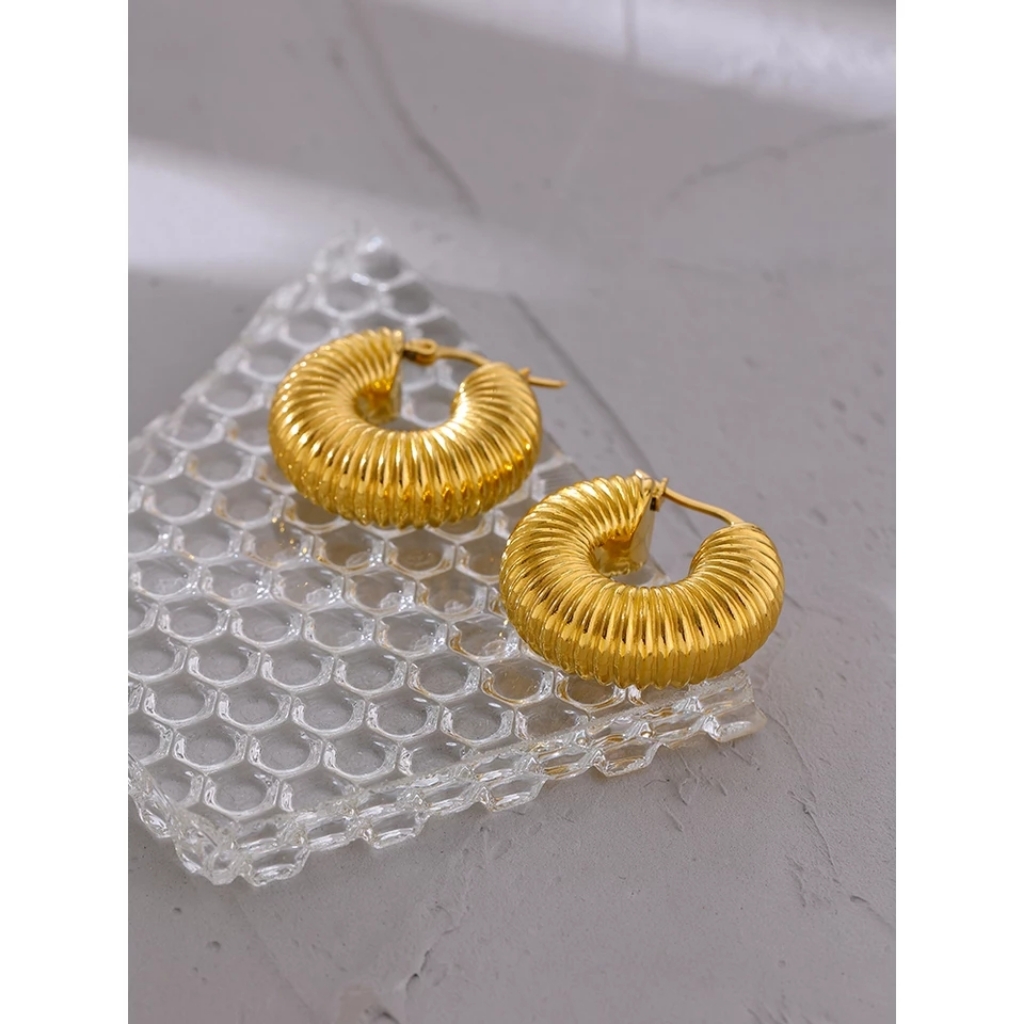 *New Round Chunky Hoop Earrings Stainless Steel Gold 18k Plated